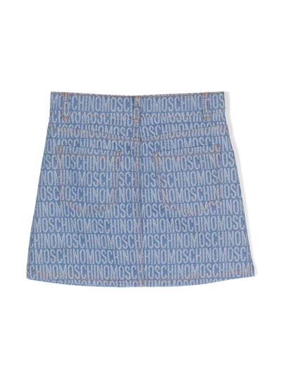 Shop Moschino Blue Mini Skirt With Logo All Over In Denim Girl