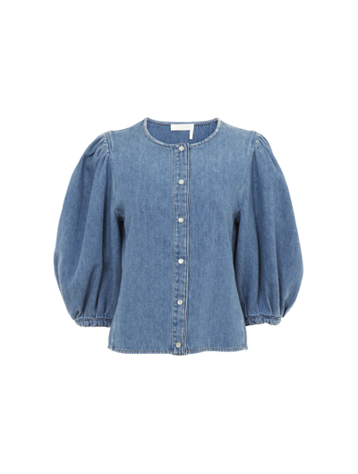 Shop Chloé Shirt Recycled Cotton Linen Chloe Denim In Foggy Blue