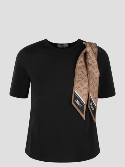 Shop Herno Superfine Cotton Stretch T-shirt With Scarf In Black