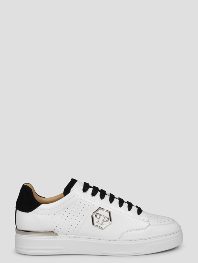 Shop Philipp Plein Mix Leather Low-top Sneakers In White