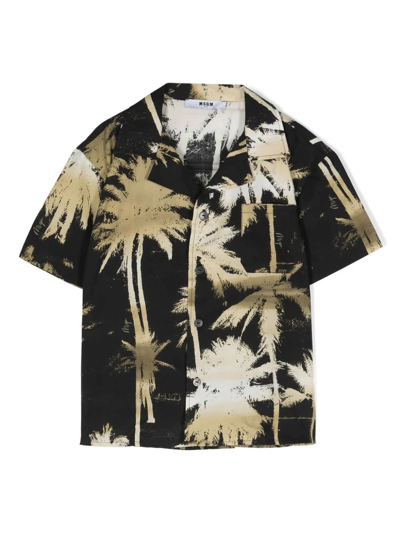 Shop Msgm Black Bowling Shirt With Palm Print