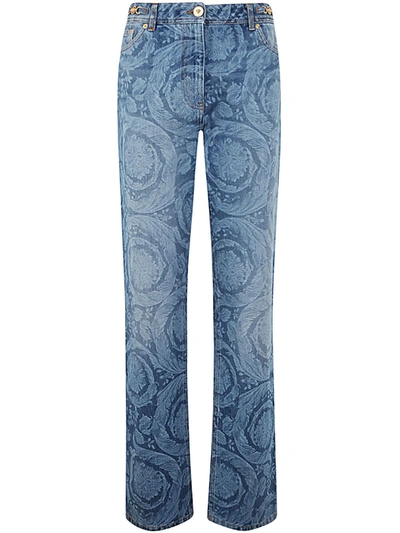 Shop Versace Pant Denim Laser Stone Wash Baroque Series Denim Fabric With Special Treatment In Medium Blue