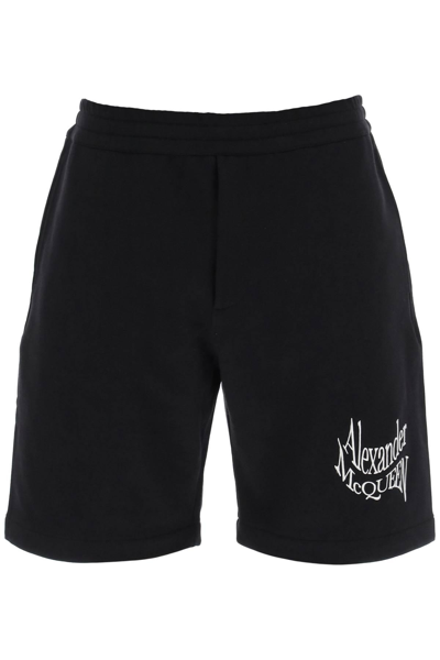 Shop Alexander Mcqueen Warped Logo Sweat Shorts In Black