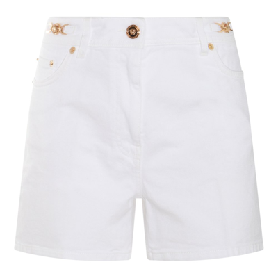Shop Versace Logo Patch Denim Shorts In White
