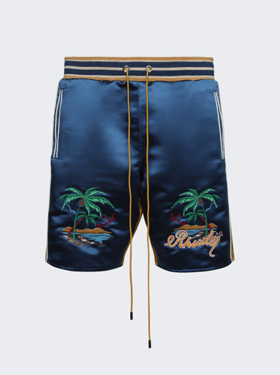 Shop Rhude Palm Eagles Souvenier Shorts In Navy And Mustard Yellow