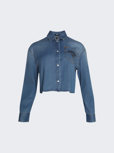 Shop Versace Milano Stamp Crop Denim Shirt In Blue