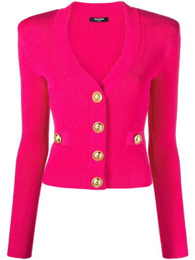 Shop Balmain Cardigan In Maglia Con Bottoni In Fucsia