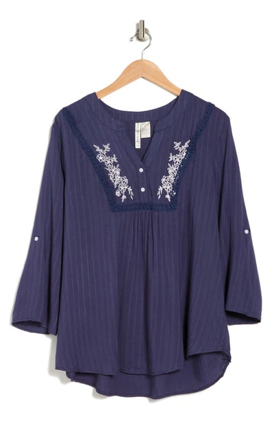 Shop Forgotten Grace Embroidered Trim Blouse In Navy