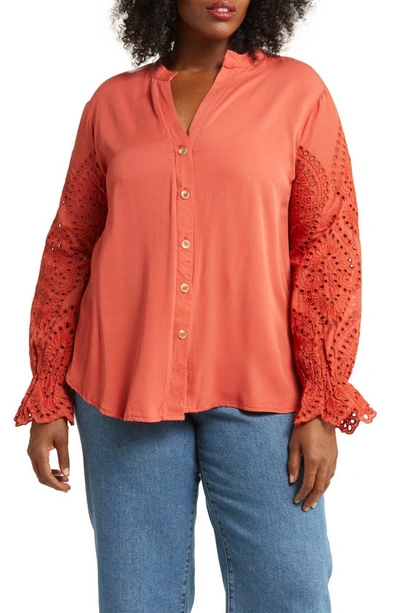 Shop Forgotten Grace Embroidered Eyelet Long Sleeve Button-up Shirt In Rust