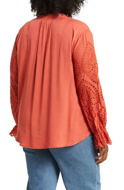 Forgotten Grace Embroidered Eyelet Long Sleeve Button-up Shirt In Rust