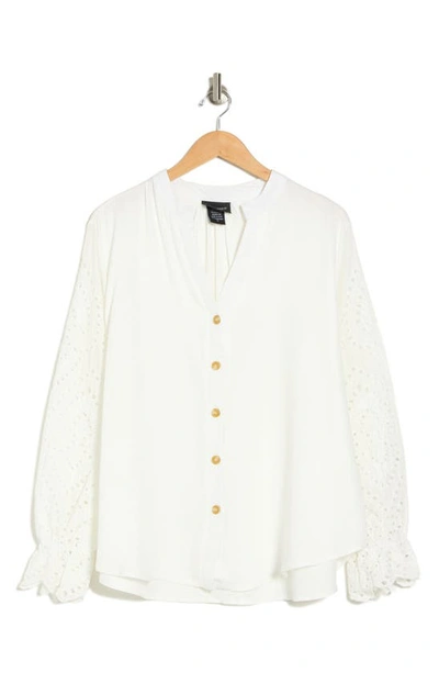 Shop Forgotten Grace Embroidered Eyelet Long Sleeve Button-up Shirt In White
