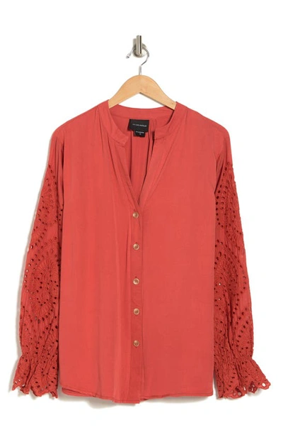 Forgotten Grace Embroidered Eyelet Long Sleeve Button-up Shirt In Rust