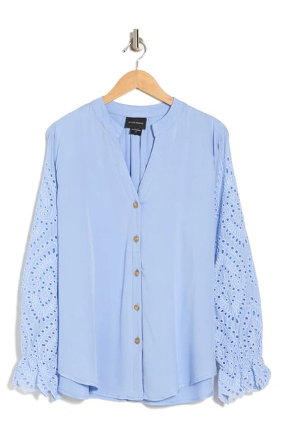 Shop Forgotten Grace Embroidered Eyelet Long Sleeve Button-up Shirt In Denim