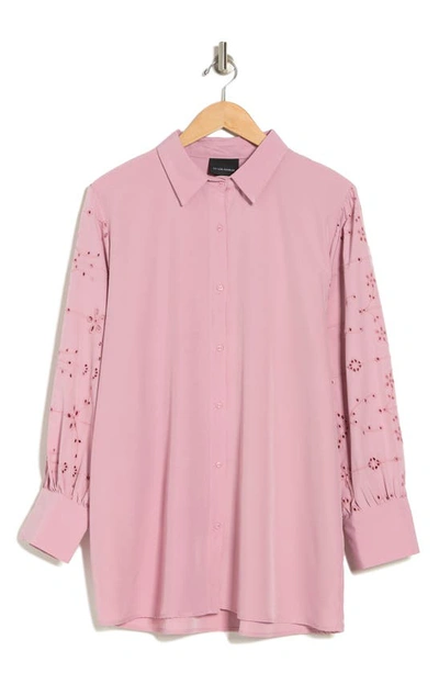 Shop Forgotten Grace Embroidered Eyelet Long Sleeve Button-up Shirt In Blush