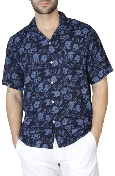 Shop Tailorbyrd Hibiscus Floral Camp Shirt In Admiral Blue