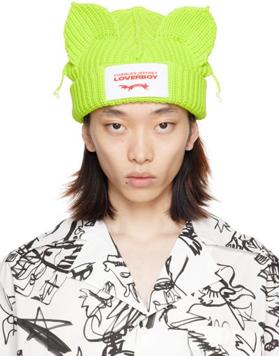 Shop Charles Jeffrey Loverboy Green Chunky Ears Beanie In Neon
