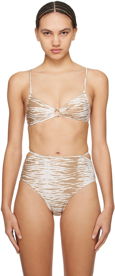 Shop Ganni Beige Printed Bikini Top In 177 Tiger's Eye