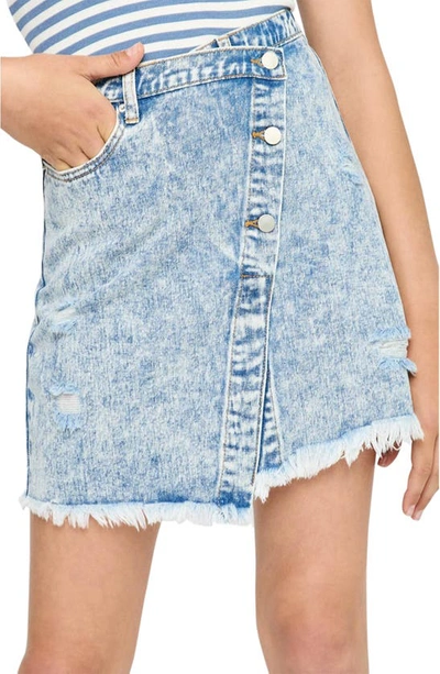 Shop Hayden Girls Kids' Asymmetrical Wrap Distressed Cotton Denim Skirt In Light Denim