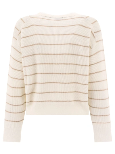 Shop Brunello Cucinelli Striped English Rib Sweater With Monili In White