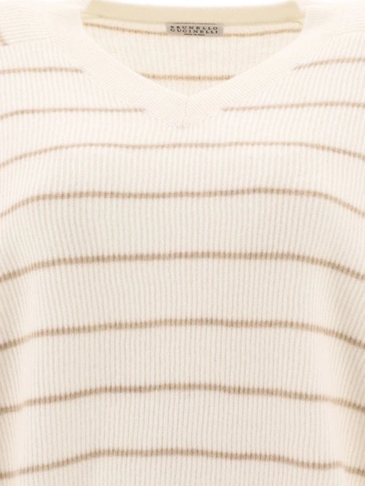 Shop Brunello Cucinelli Striped English Rib Sweater With Monili In White
