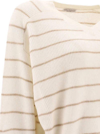 Shop Brunello Cucinelli Striped English Rib Sweater With Monili In White