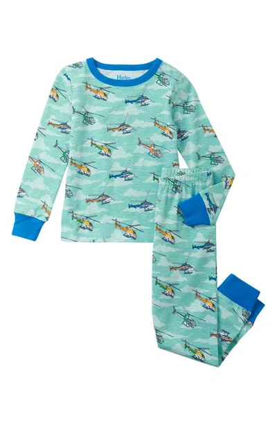 Shop Hatley Kids' Helicopter Print Organic Cotton Fitted Two-piece Pajamas In Blue