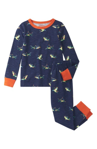Shop Hatley Kids' Shark Fitted Two-piece Organic Cotton Pajamas In Blue