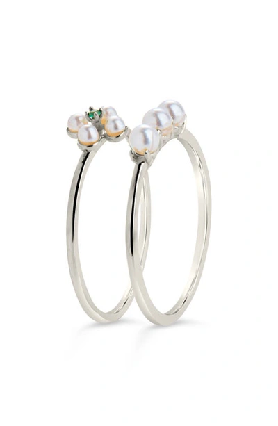 Sterling Forever Cara Set Of 2 Imitation Pearl & Cubic Zirconia Stackable Rings In Silver