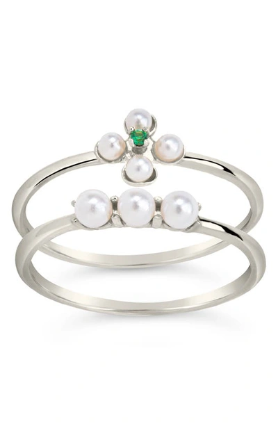 Sterling Forever Cara Set Of 2 Imitation Pearl & Cubic Zirconia Stackable Rings In Silver