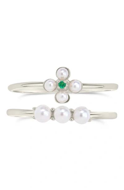 Sterling Forever Cara Set Of 2 Imitation Pearl & Cubic Zirconia Stackable Rings In Silver