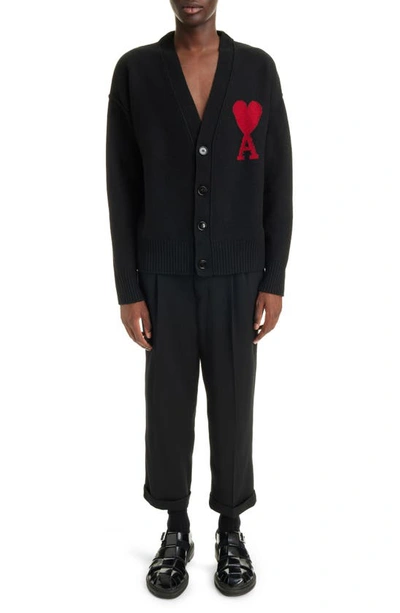 Shop Ami Alexandre Mattiussi Ami De Coeur Wool Cardigan In Black/ Red/ 009