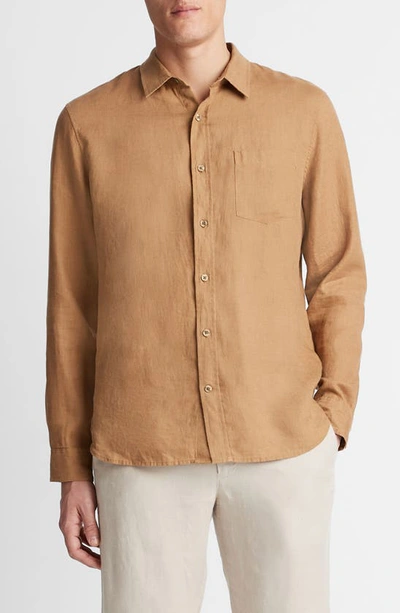 Shop Vince Linen Button-up Shirt In Caramel Desert