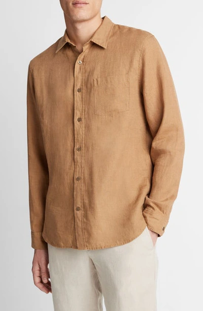 Shop Vince Linen Button-up Shirt In Caramel Desert