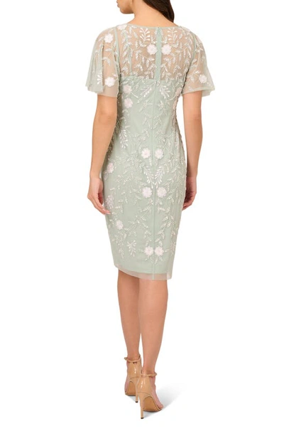 Shop Adrianna Papell Floral Beaded Sheath Dress In Icy Sage/ Ivory