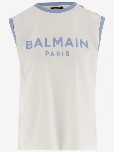Shop Balmain Cotton Tank Top With Logo In Blanc/blue Pâle