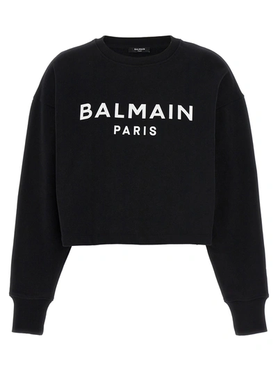 Shop Balmain Logo Print Cropped Sweatshirt In Black