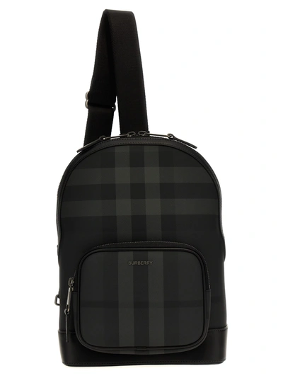 Shop Burberry Sling Check Crossbody Bag In Charcoal