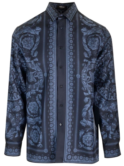 Shop Versace Barocco Shirt In Navy Blue