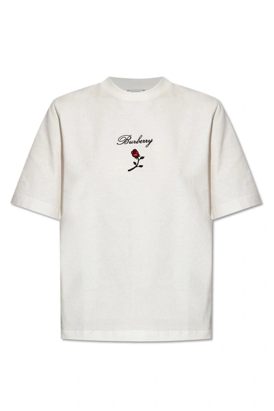 Shop Burberry Floral Embroidered Crewneck T-shirt In Rain