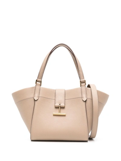 Shop Tom Ford Grain Leather Small Tote In Silk Taupe