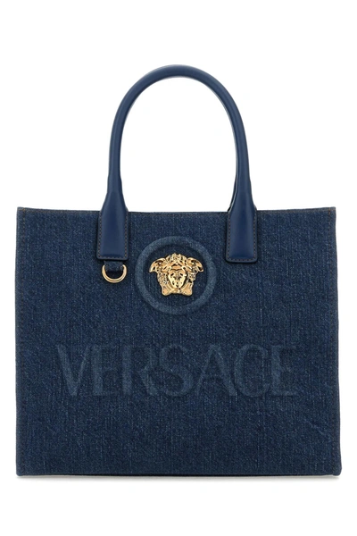 Shop Versace Denim La Medusa Shopping Bag In V Navy Blue+ Gold