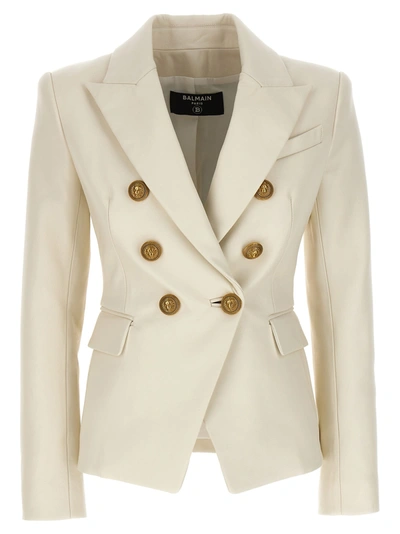Shop Balmain Double-breasted Leather Blazer In White