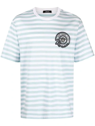 Shop Versace T-shirt Striped Jersey Fabric + Embroidered Nautical Emblem In White Pale Blue