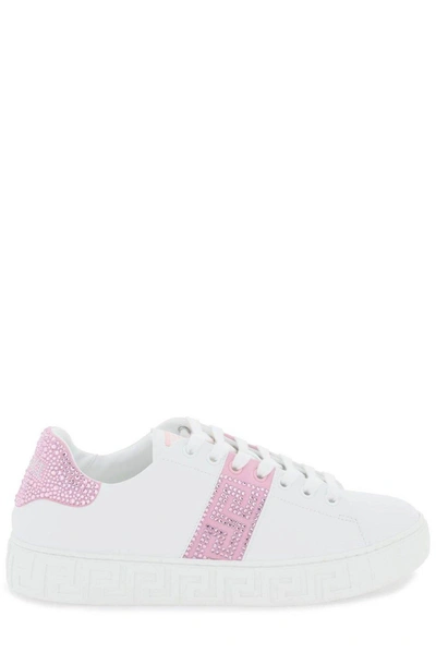 Shop Versace Greca Embellished Lace-up Sneakers In White+pale Pink