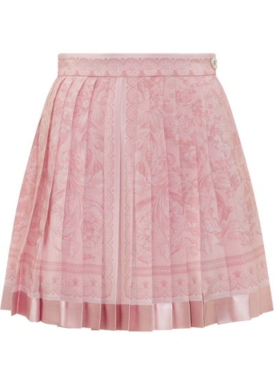 Shop Versace Pleated Silk Miniskirt With Baroque Print In Pink
