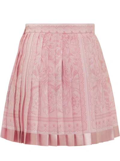 Shop Versace Pleated Silk Miniskirt With Baroque Print In Pink