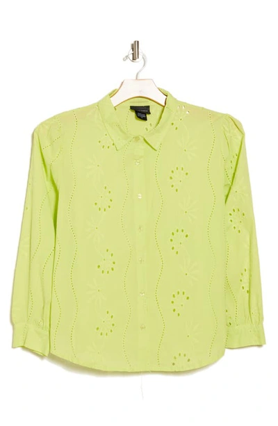 Shop Forgotten Grace Embroidered Eyelet Long Sleeve Button-up Shirt In Wind Lime