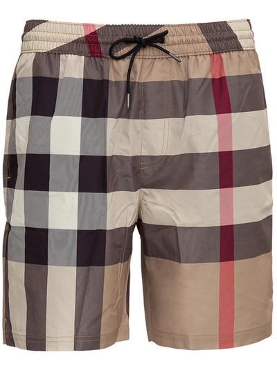 Shop Burberry Beige Swim Trunks With All-over Vintage Check Motif In Nylon Man In Archive Beige