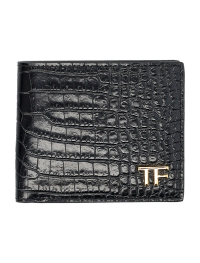 Shop Tom Ford Glossy Printed Croc Classic Bifold Wallet By  In Black