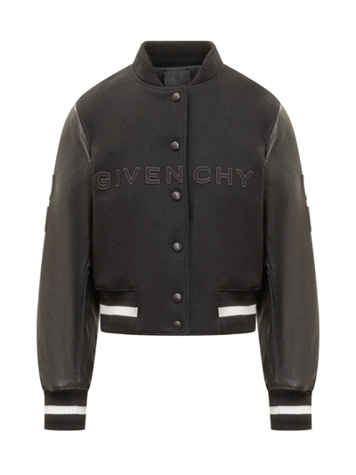Shop Givenchy Wool And Leather Short Bomber Jacket. In Black White